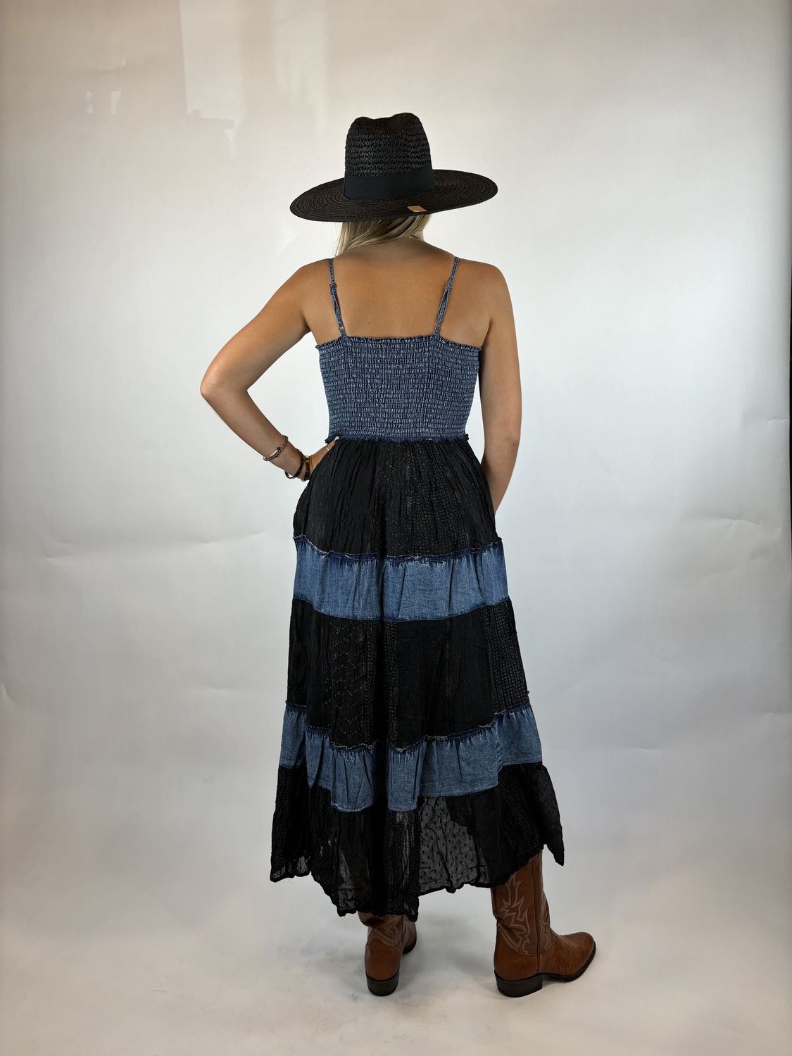 SPEGGI STRAP DENIM CHARCOAL MID LENGTH DRESS
