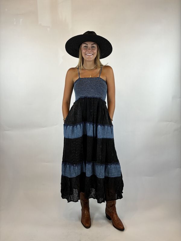 SPEGGI STRAP DENIM CHARCOAL MID LENGTH DRESS
