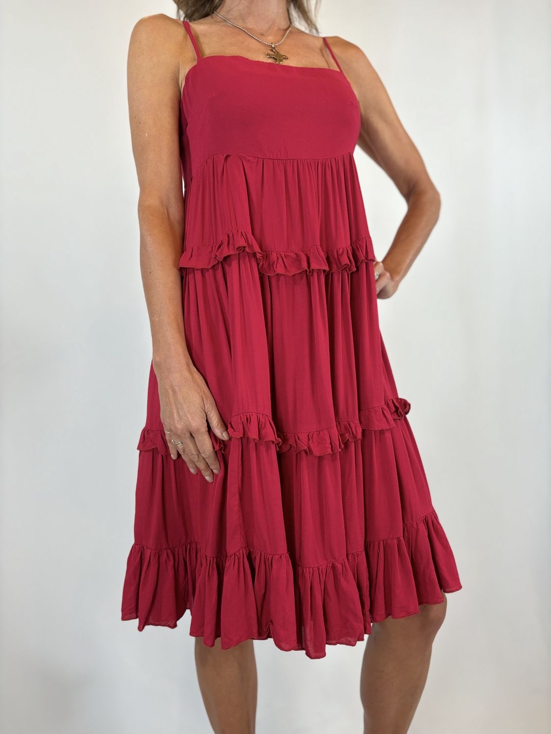 CHERRY RUFLE TIERED DRESS