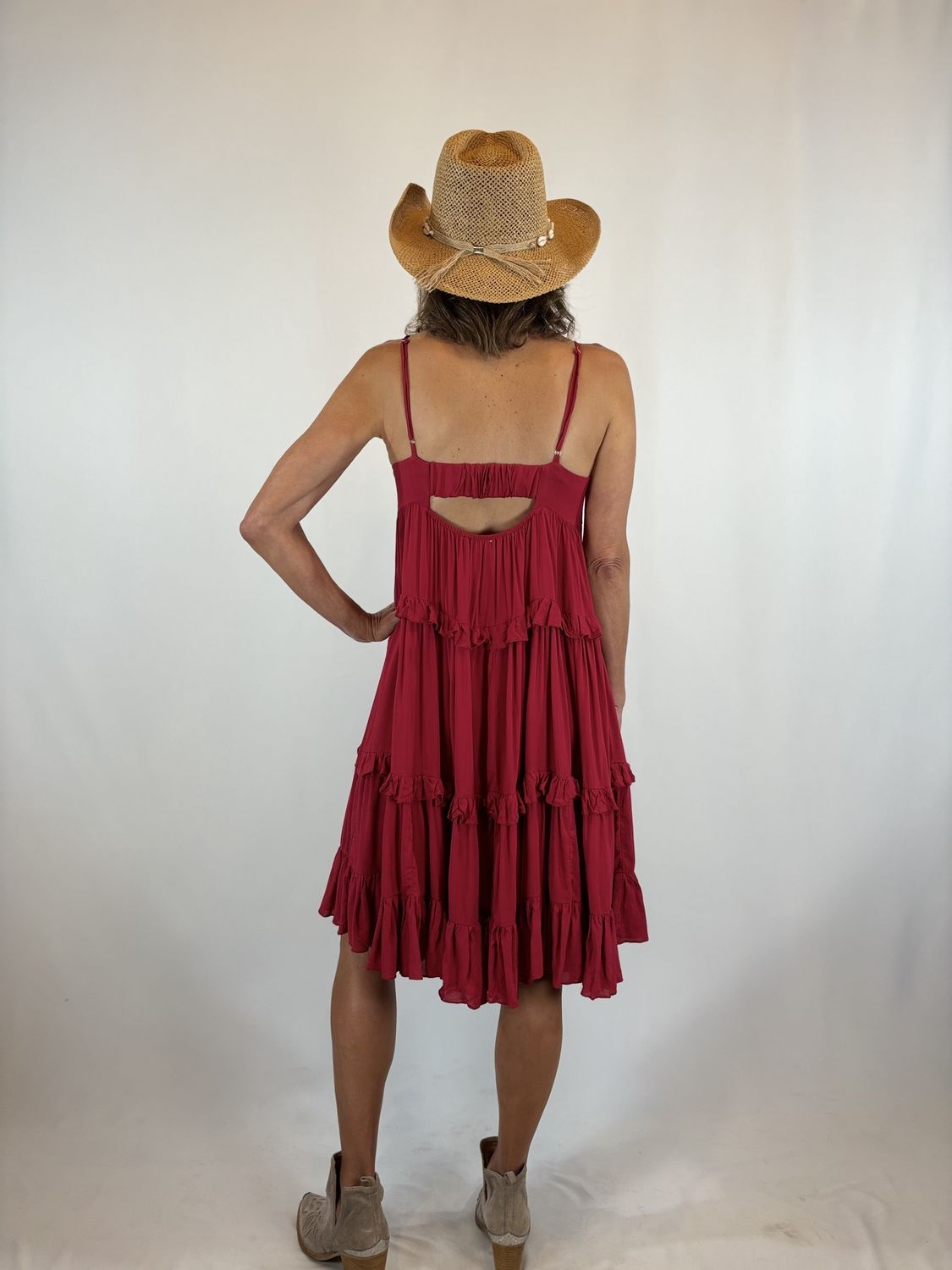 CHERRY RUFLE TIERED DRESS
