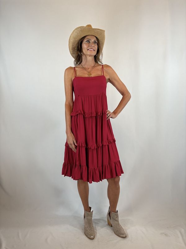 CHERRY RUFLE TIERED DRESS