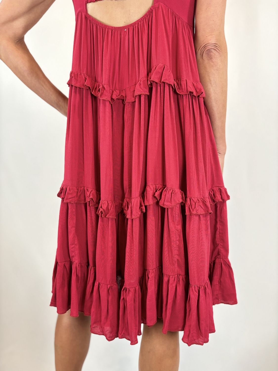CHERRY RUFLE TIERED DRESS