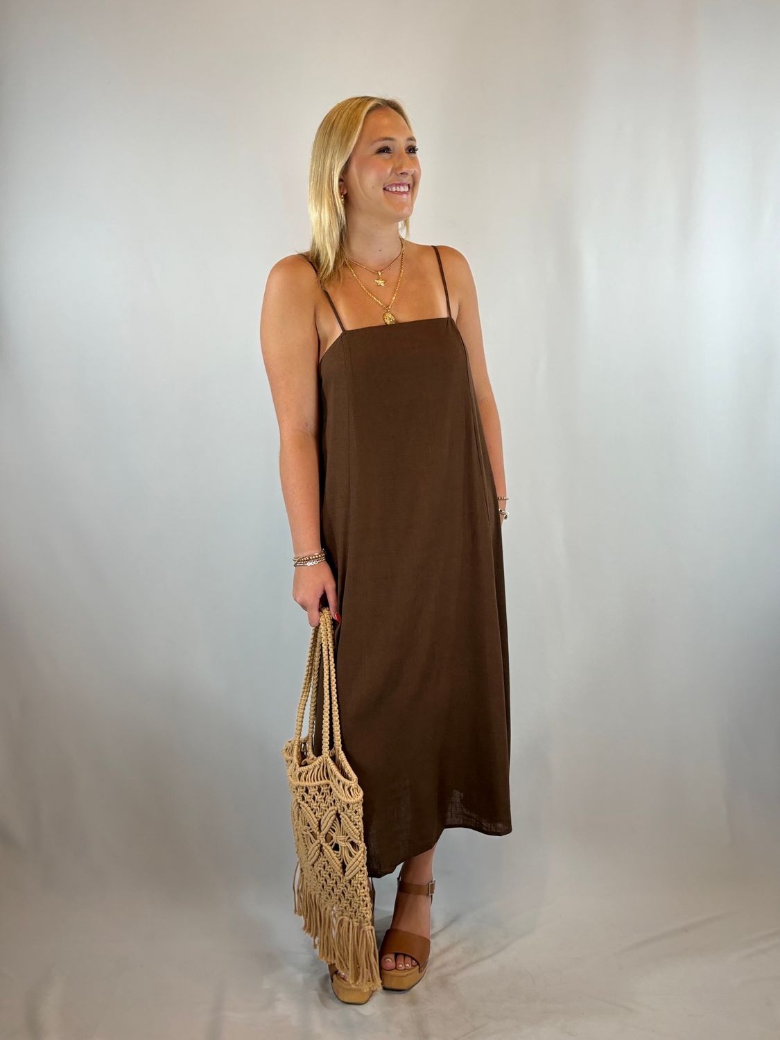 BROWN LINEN STRAP DRESS