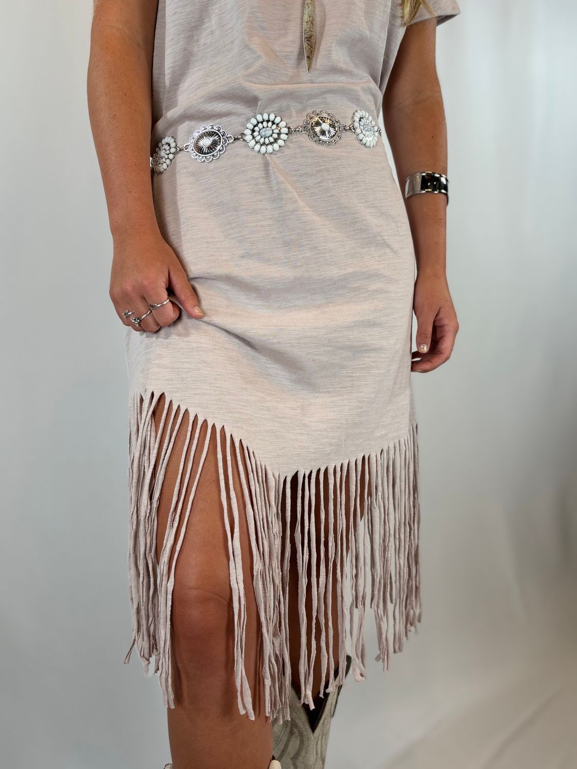 GREY DRESS W/FRINGE AT BOTTOM