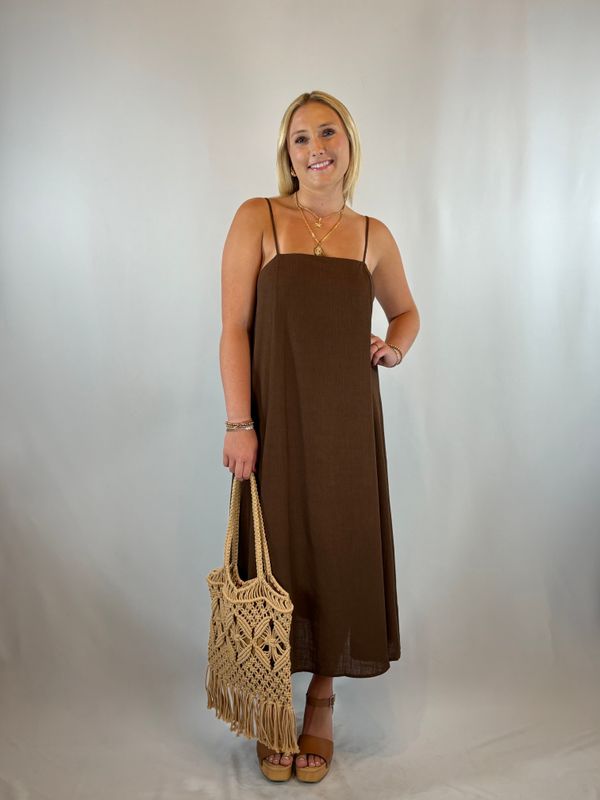 BROWN LINEN STRAP DRESS