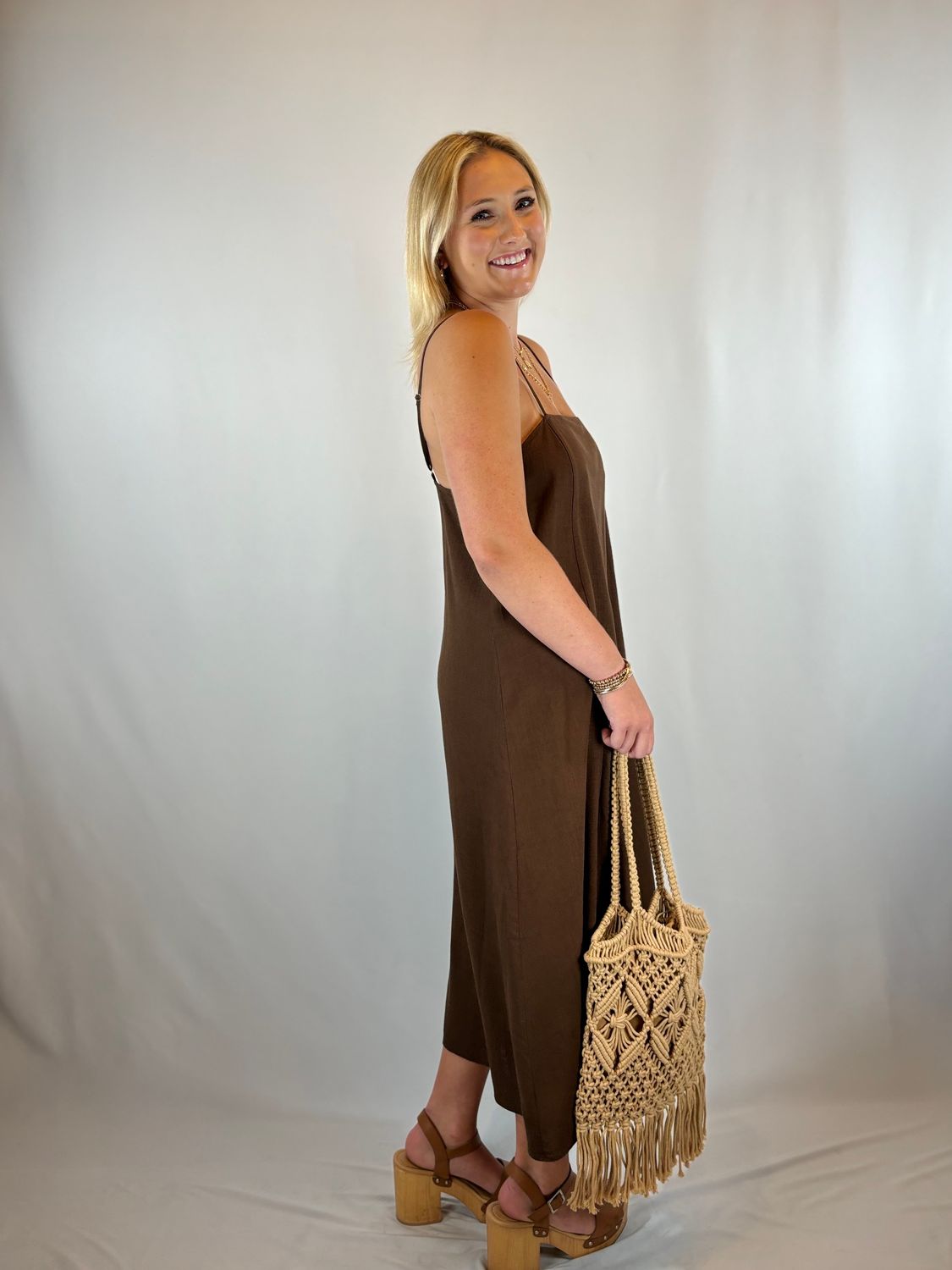 BROWN LINEN STRAP DRESS