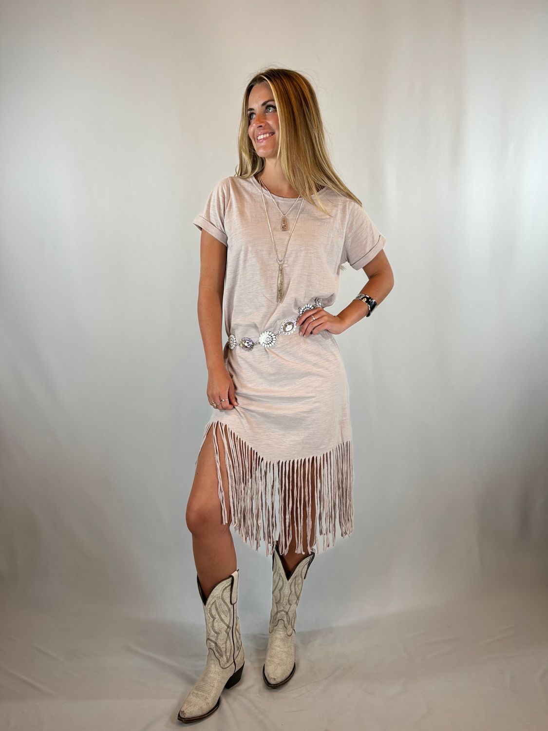 GREY DRESS W/FRINGE AT BOTTOM