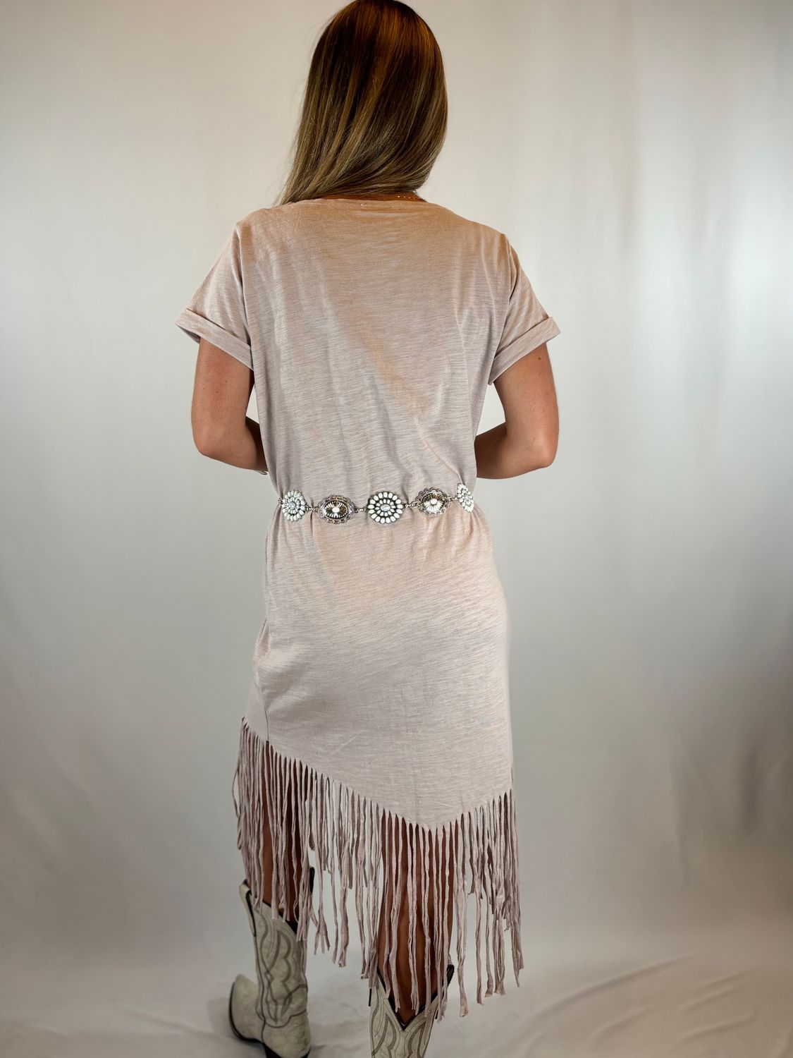 GREY DRESS W/FRINGE AT BOTTOM