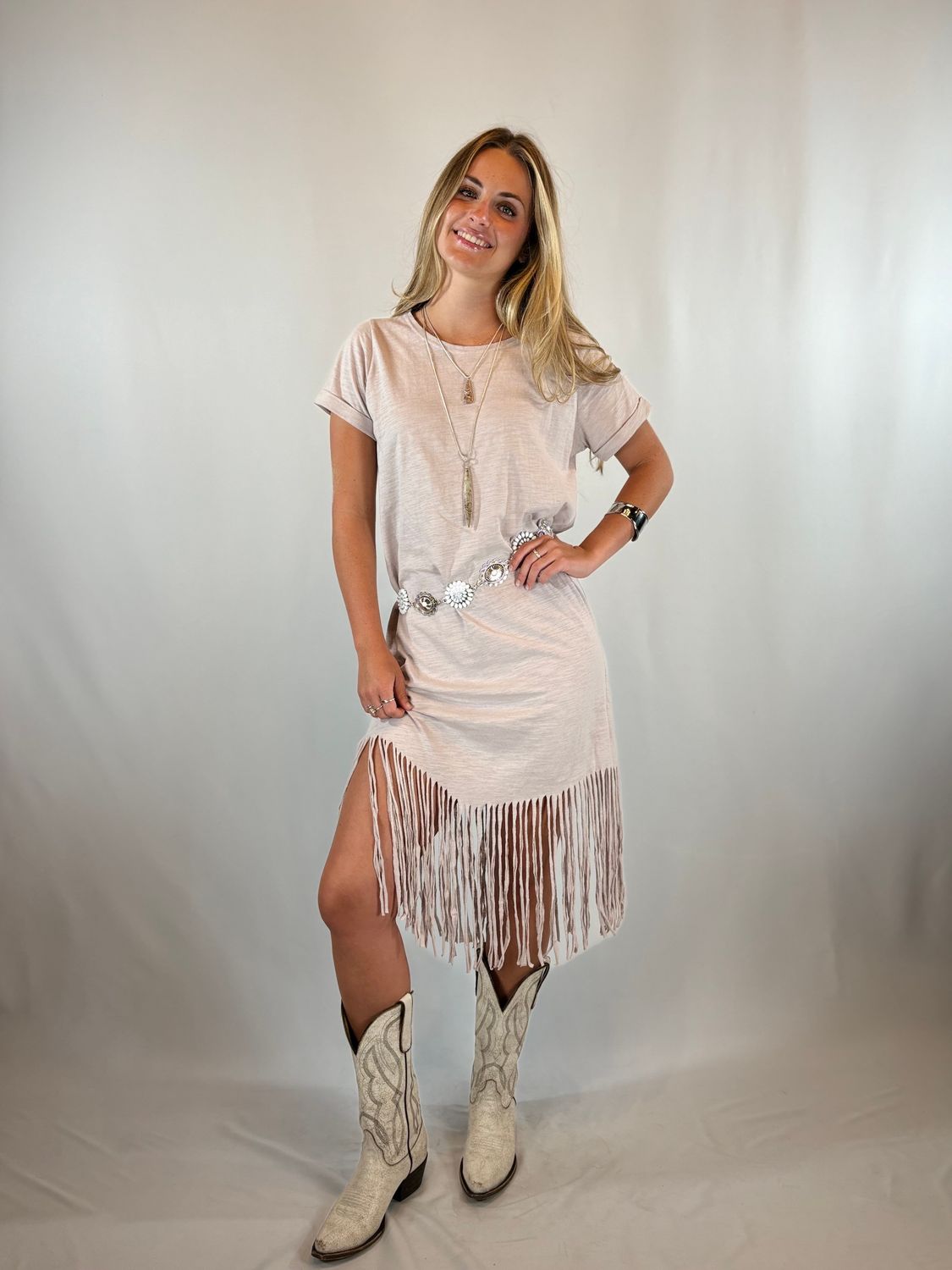 GREY DRESS W/FRINGE AT BOTTOM