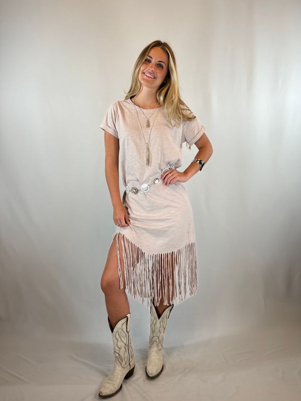 GREY DRESS W/FRINGE AT BOTTOM