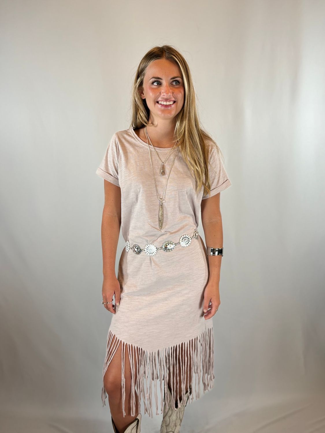 GREY DRESS W/FRINGE AT BOTTOM