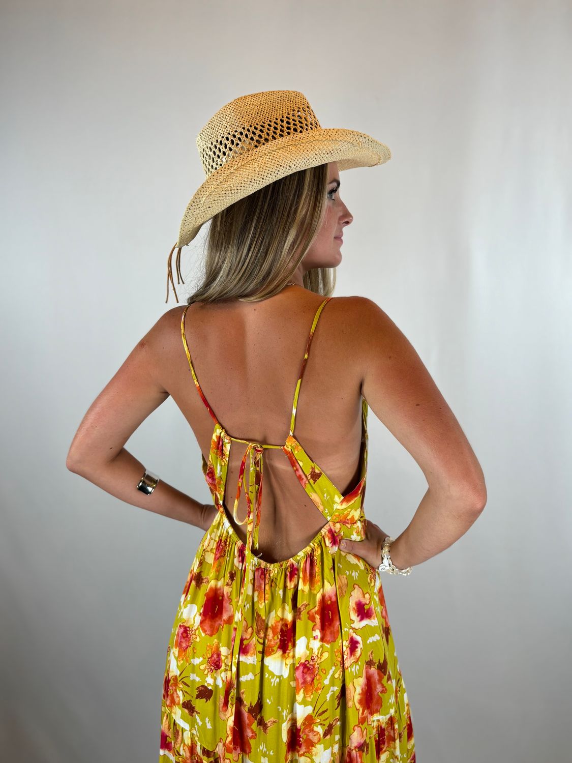 AVOCADO FLORAL TIE BACK LONG DRESS