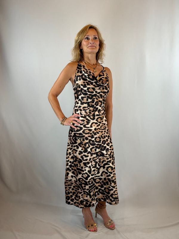 SATIN LEAPORD PRINT COW-NECK MAXI DRESS