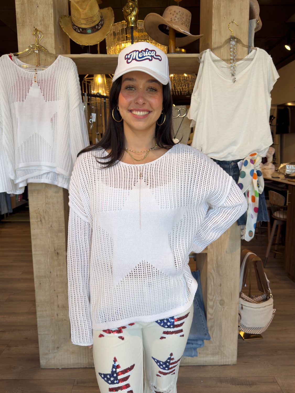 STAR CROCHET SWEATER -WHITE