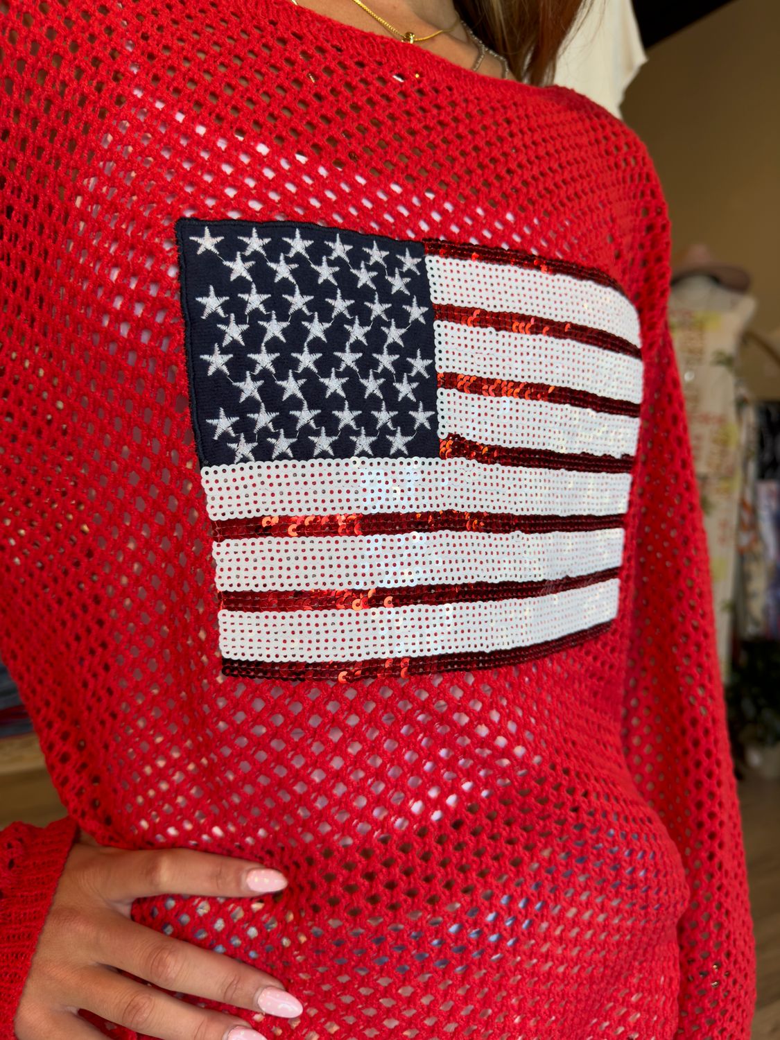 SEQUIN FLAG PATCH SWEATER-RED
