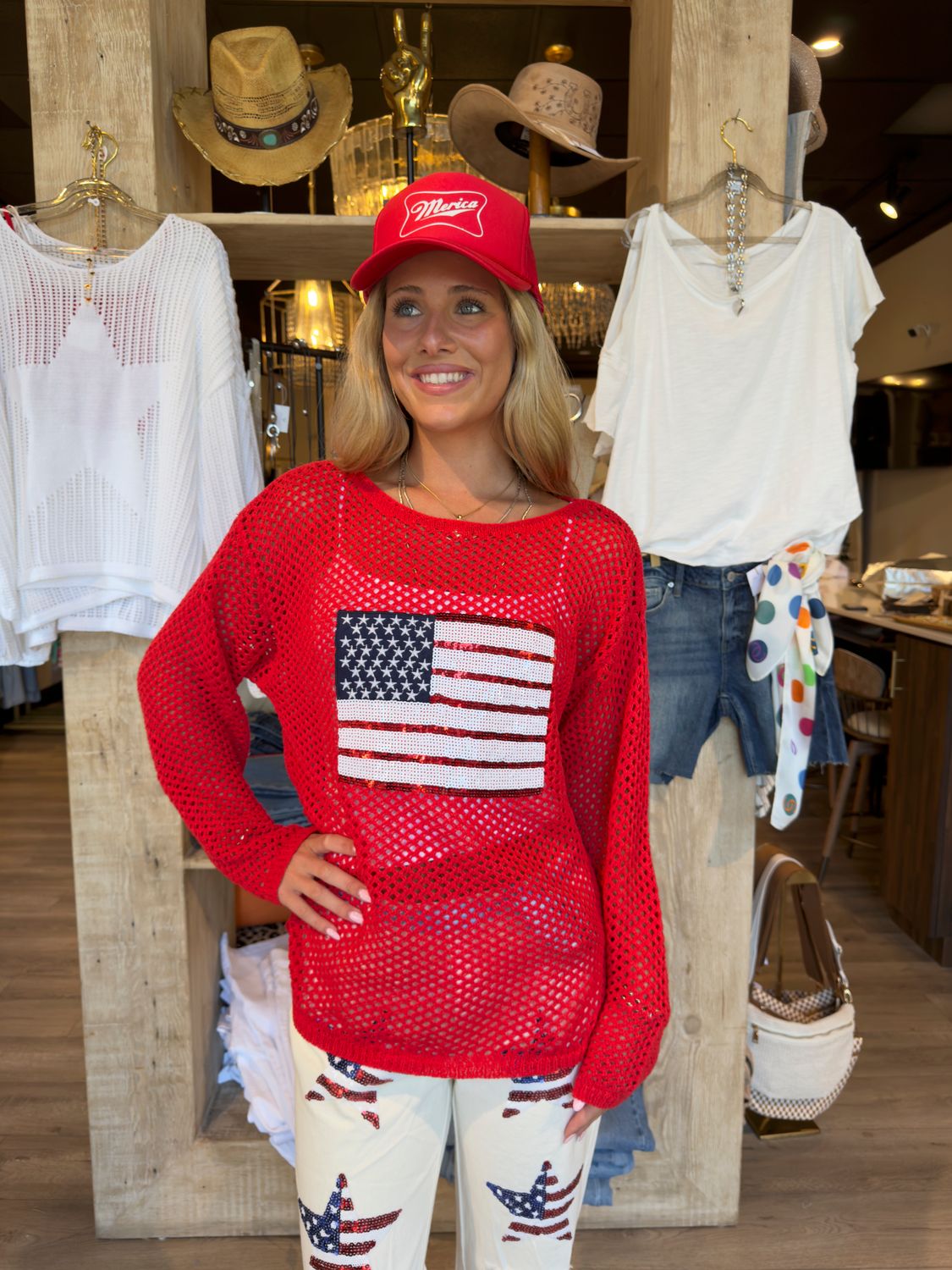SEQUIN FLAG PATCH SWEATER-RED