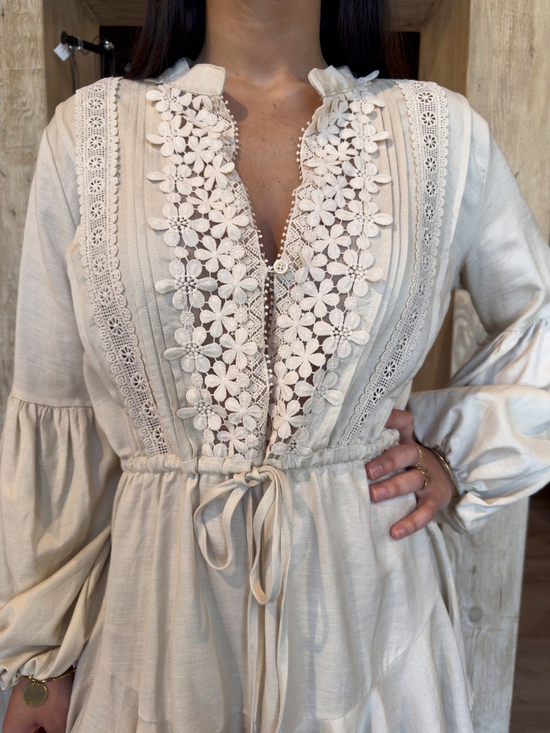 LINEN CROCHET LACE BILLOWY FIT DRESS