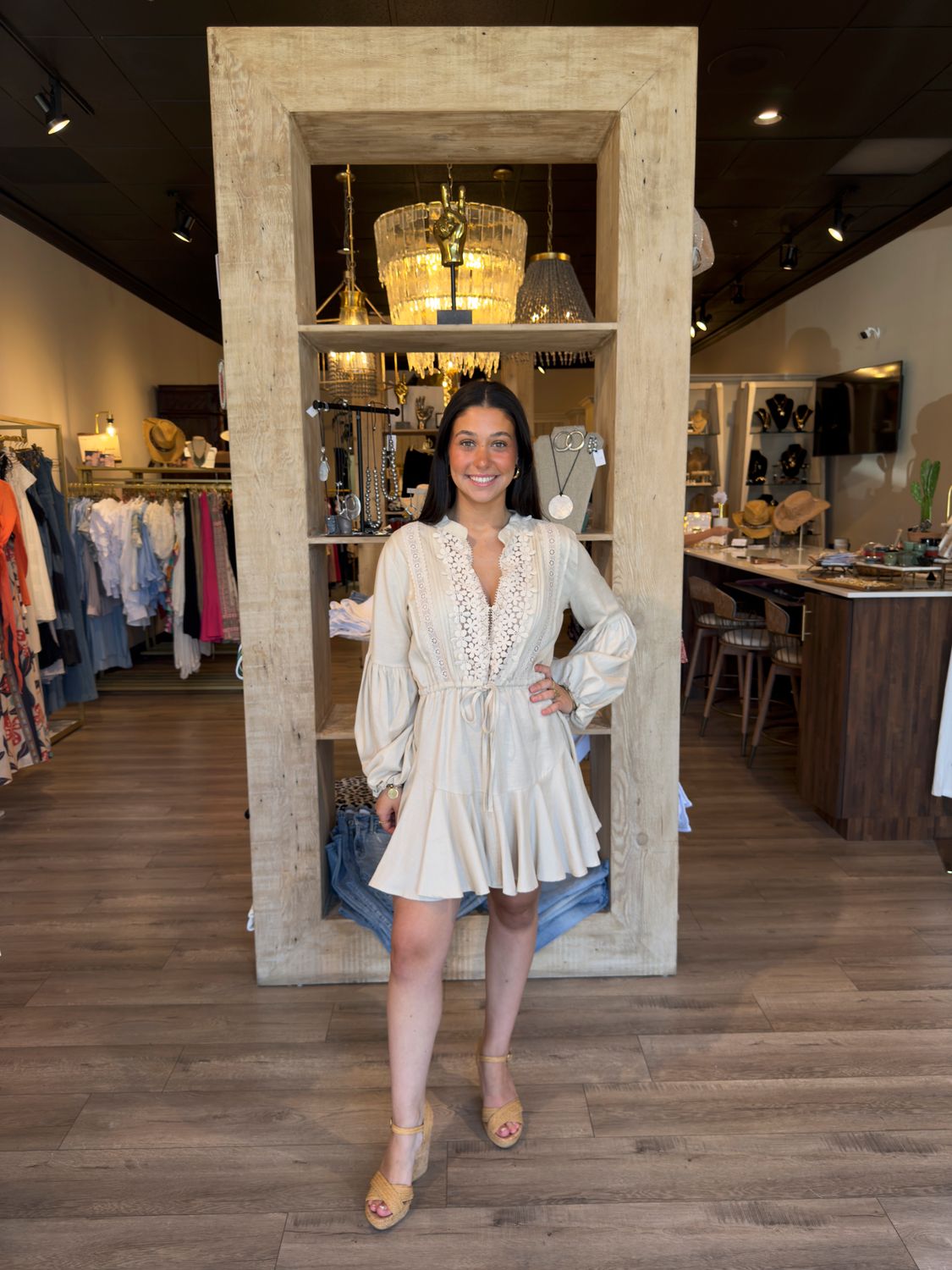 LINEN CROCHET LACE BILLOWY FIT DRESS