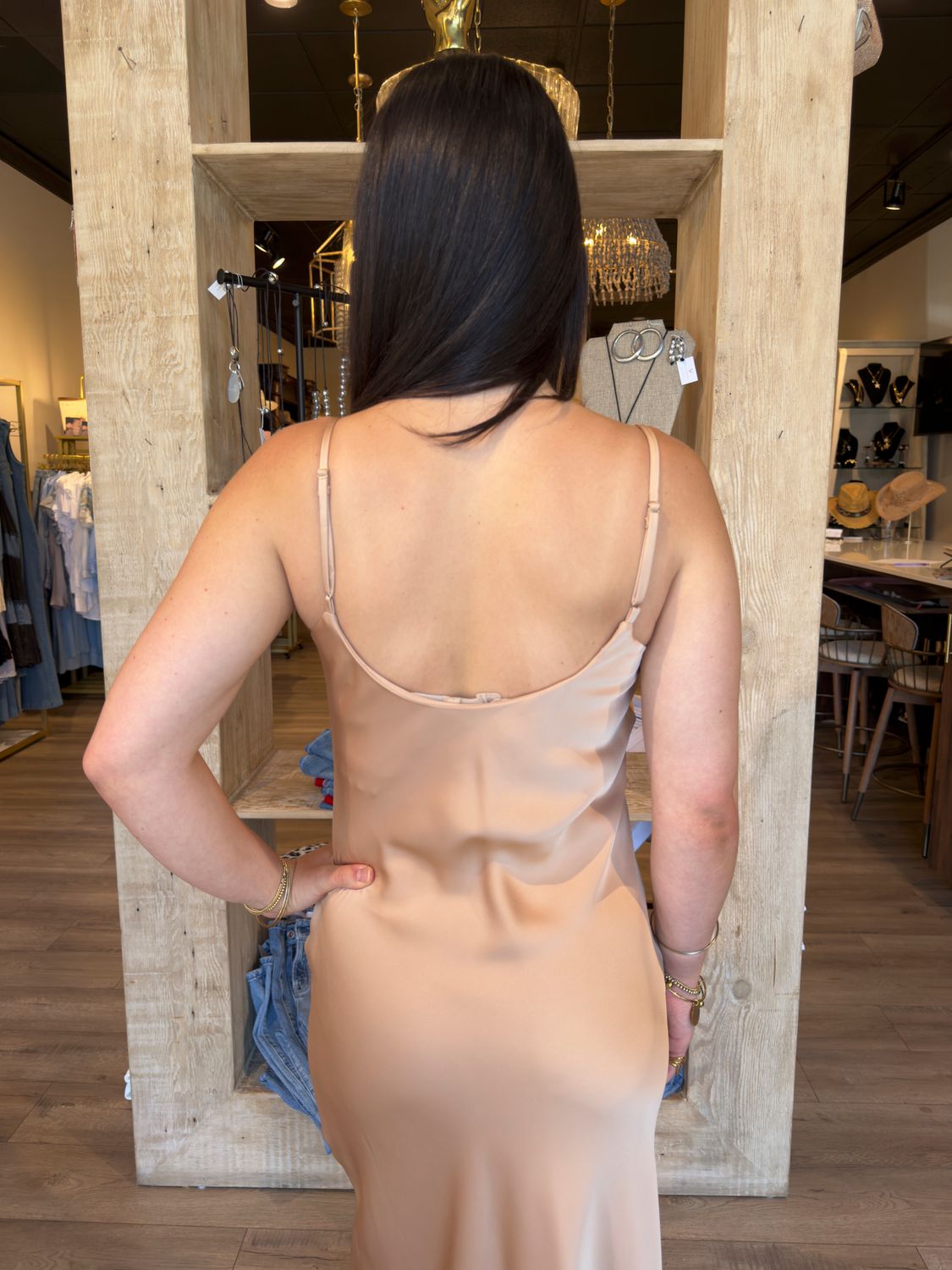 BRONZE SATIN COWL NECK STRAP DRESS