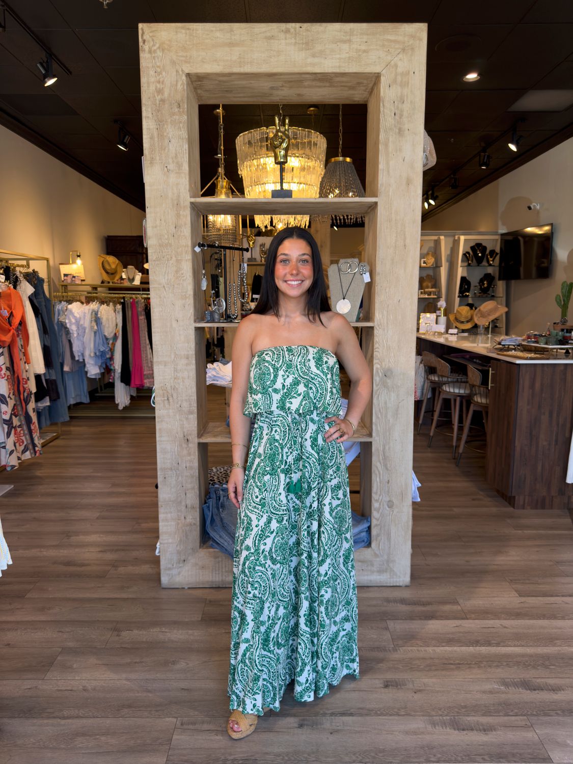 TUB TOP BELTED MAXI DRESS-WHITE/GREEN