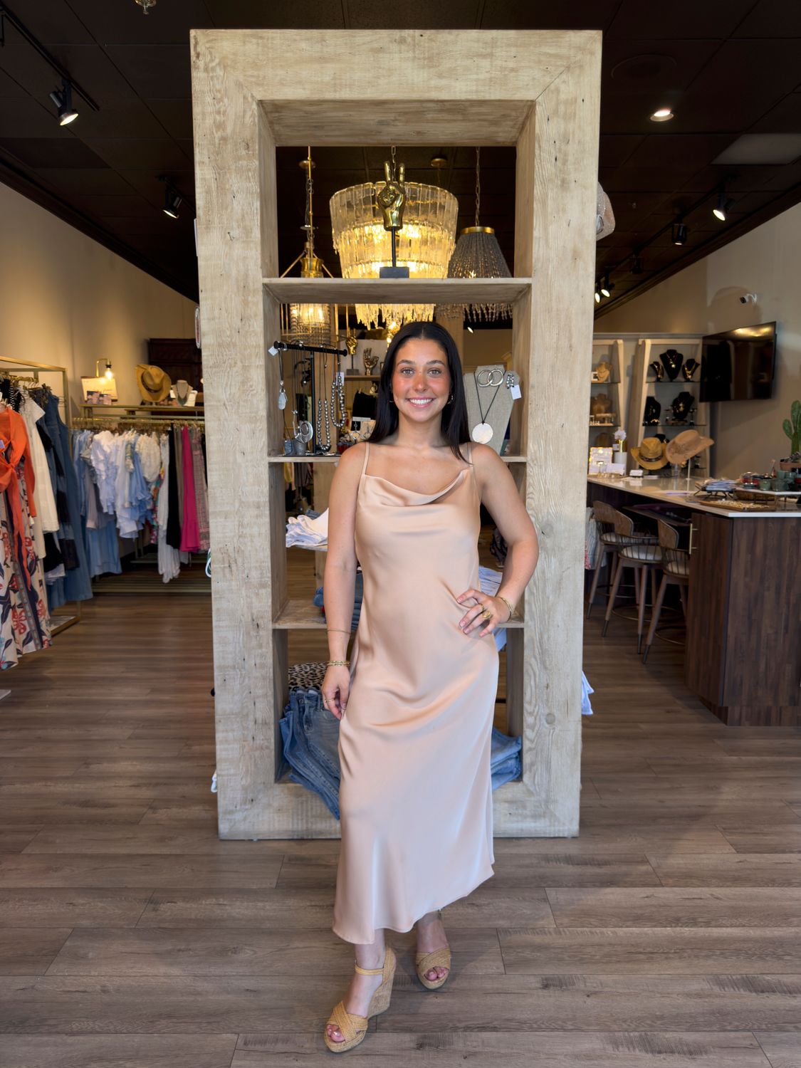 BRONZE SATIN COWL NECK STRAP DRESS