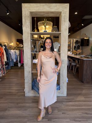 BRONZE SATIN COWL NECK STRAP DRESS