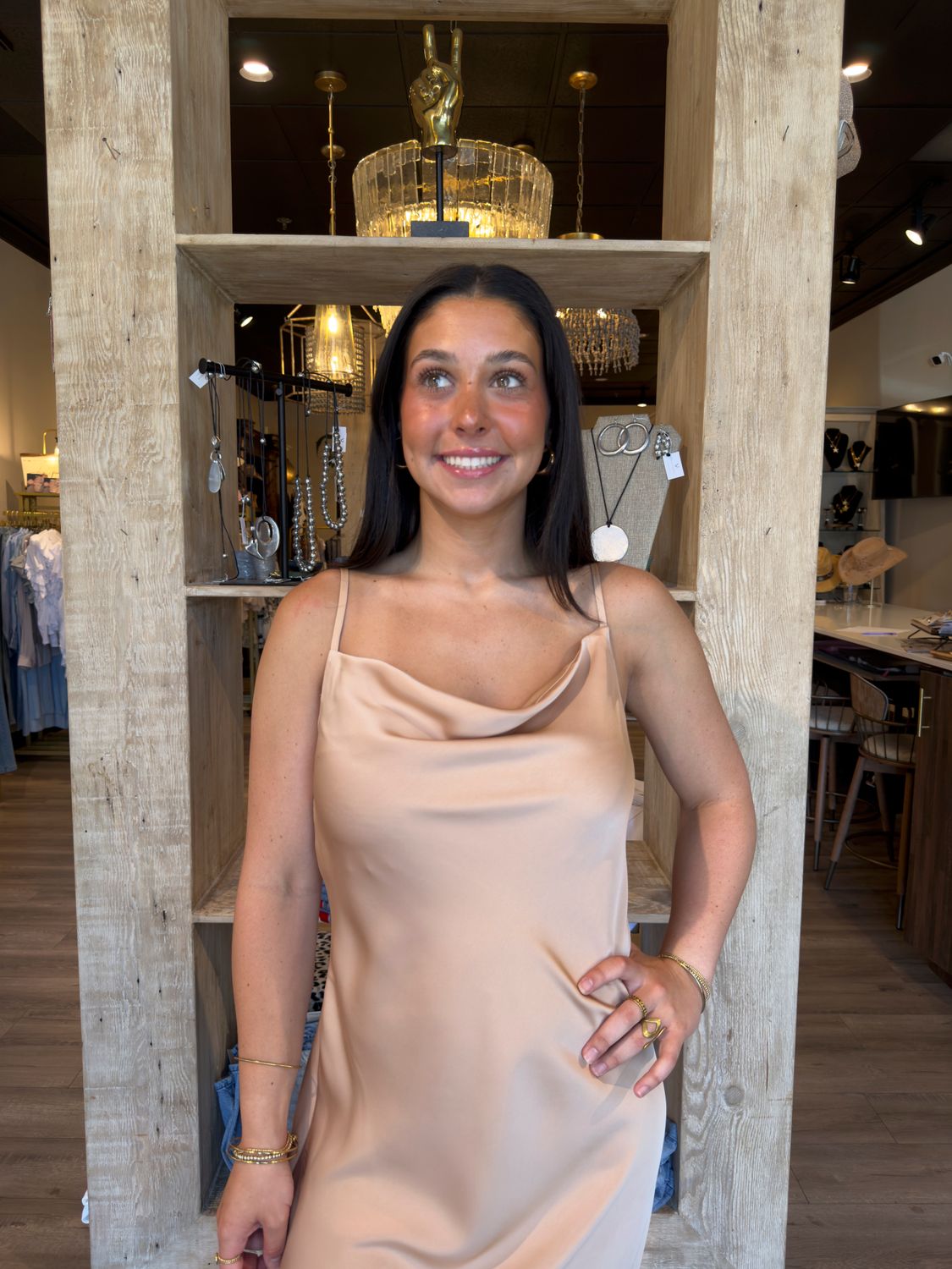 BRONZE SATIN COWL NECK STRAP DRESS