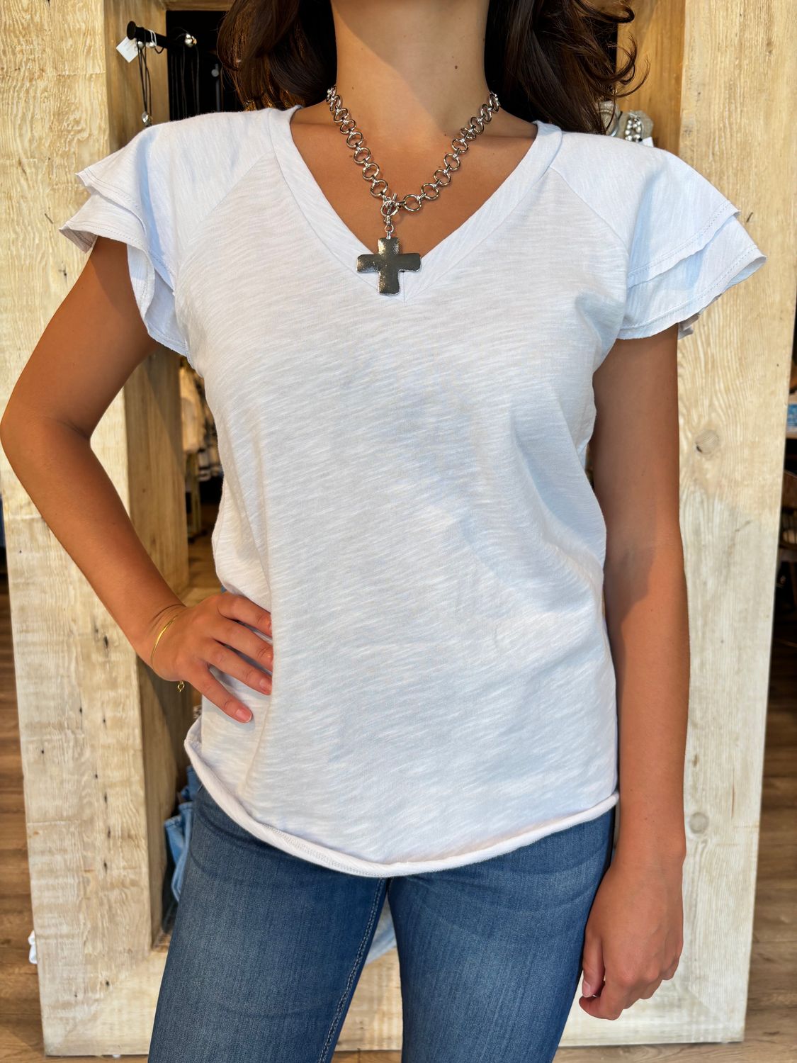 VNECK RUFFLE S/S TEE- MISTYBLUE-WM
