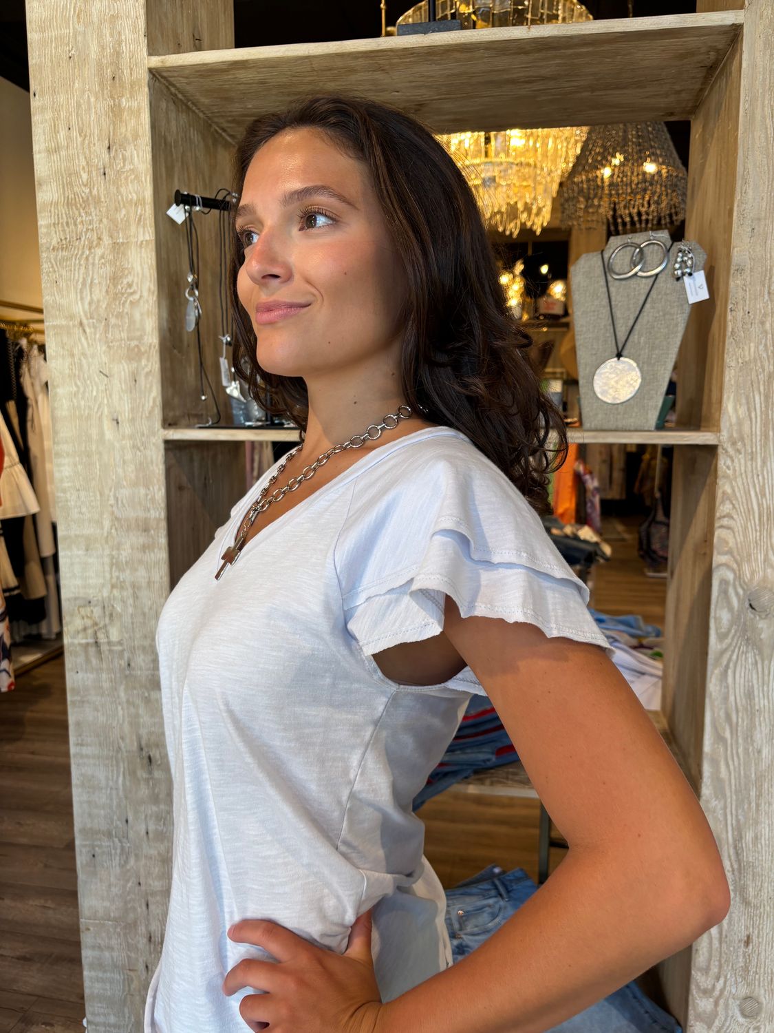 VNECK RUFFLE S/S TEE- MISTYBLUE-WM