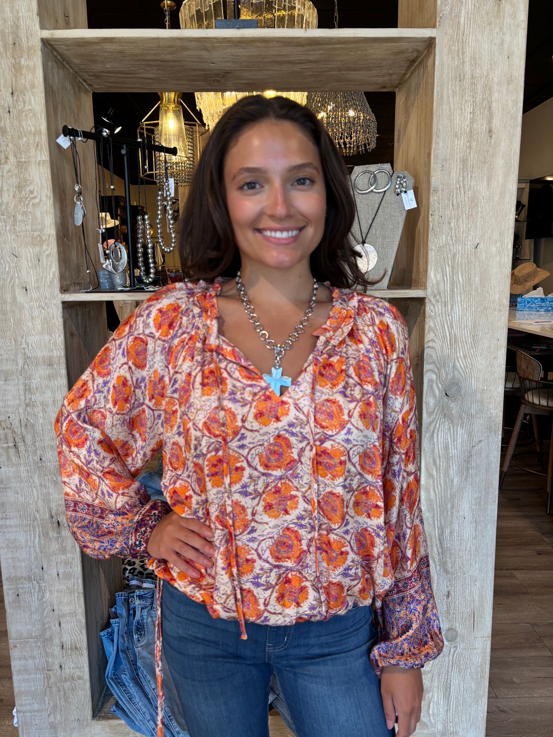 PRINT L/SLV RUFFLE TOP-OAT-ORANGE
