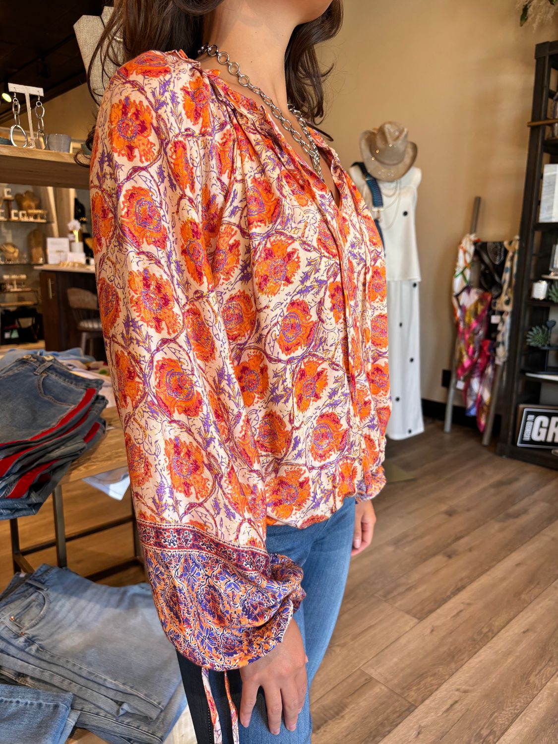 PRINT L/SLV RUFFLE TOP-OAT-ORANGE