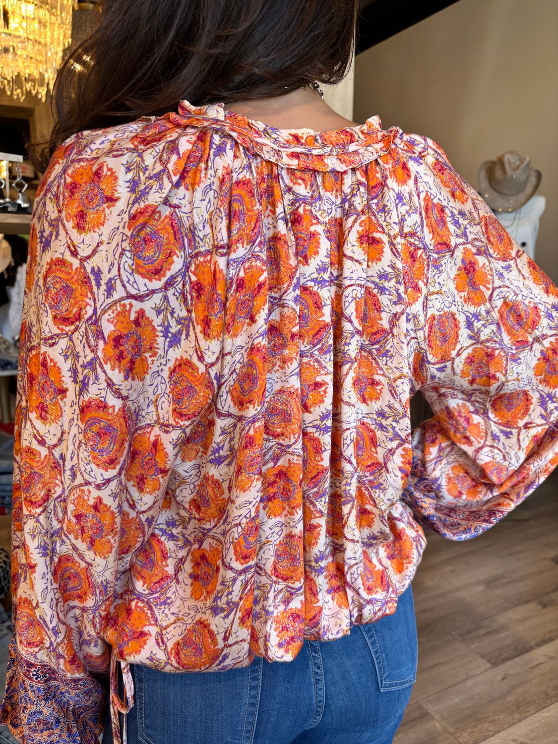 PRINT L/SLV RUFFLE TOP-OAT-ORANGE