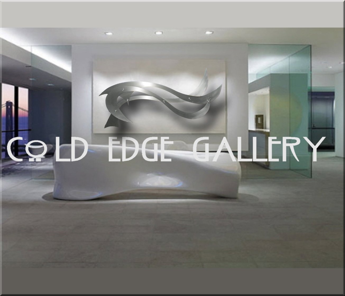 A modern art gallery interior featuring a sleek, abstract metallic artwork on the central wall and a...