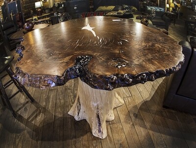 White Cedar Stump, 55X55 Walnut Burl Pub Table