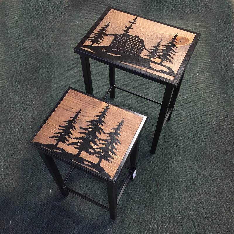 Iron Nesting Tables w/ Cabin &amp; Tree Design