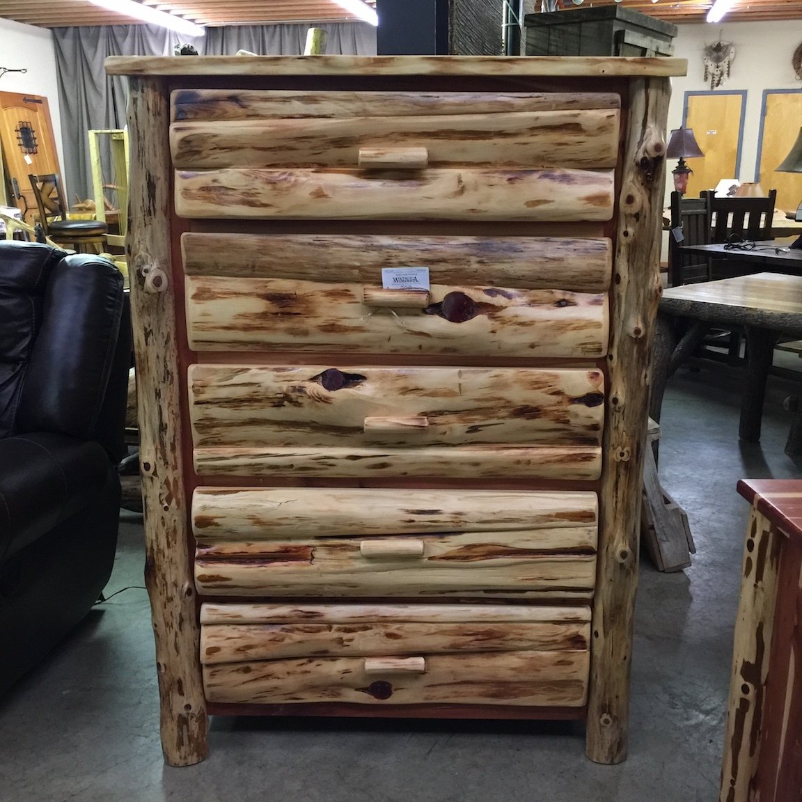 Red Cedar 5 Drawer Chest with half log drawer drawer fronts and log corners