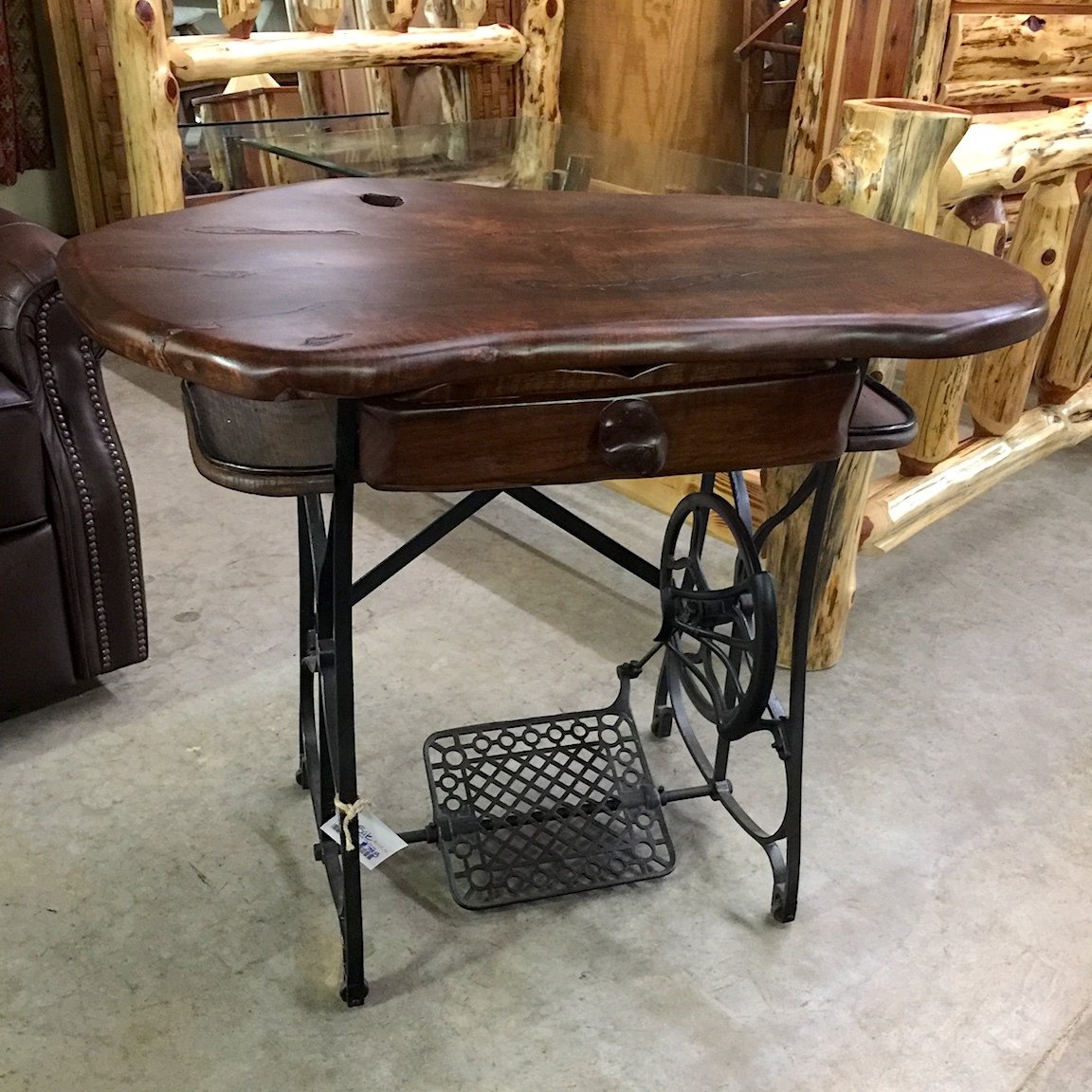 Maple Top Stained Desk with Antique Sewing Machine Base