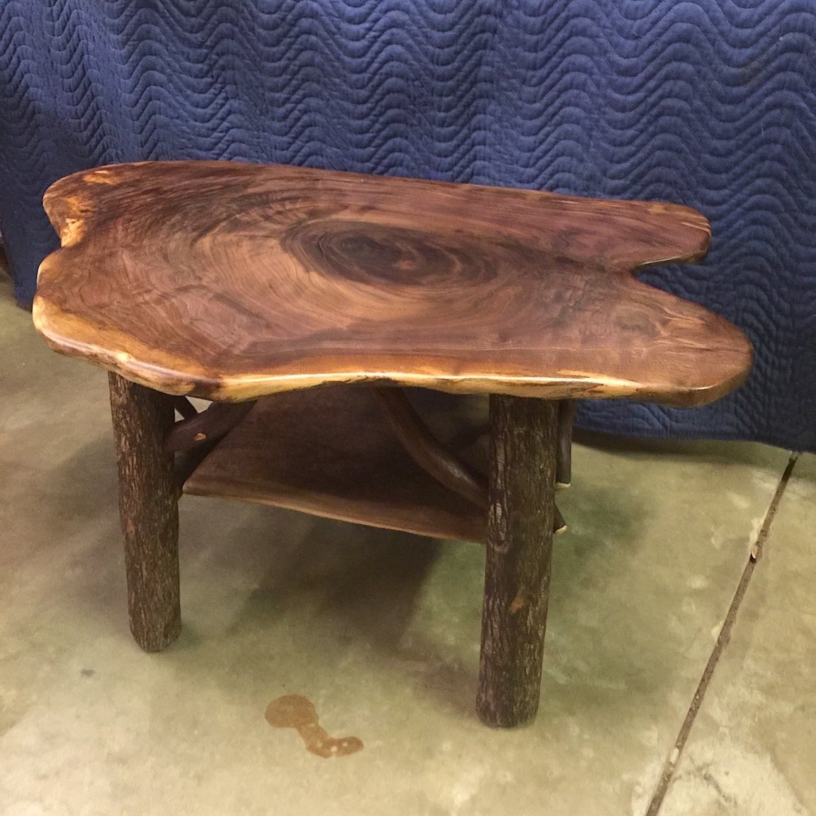 Coffee Table, Walnut burl with live edge, Pear and Mountain Laurel Base