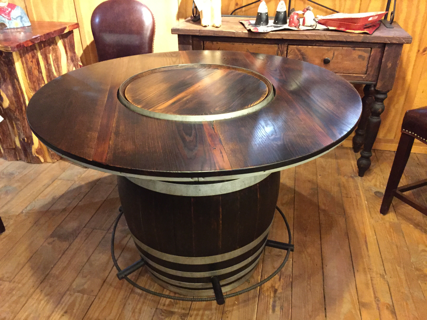 French Oak Wine Barrel with Oak and Heart Pine Top and Lazy Susan Center