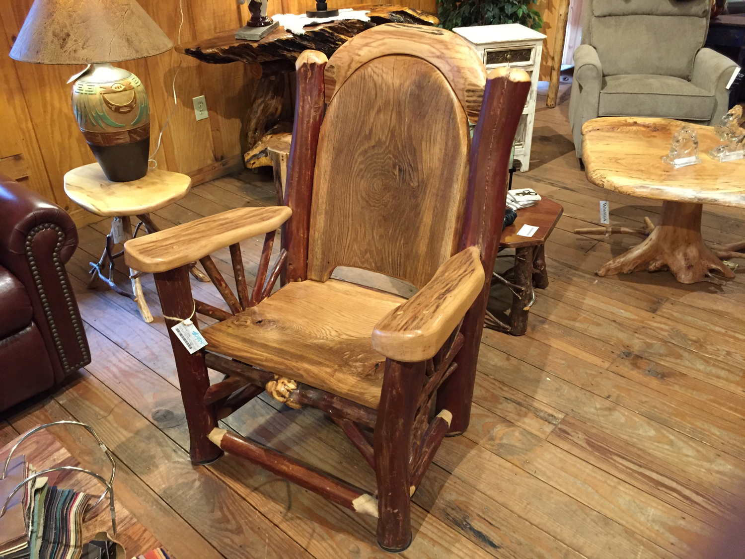 Oak Slab Hickory Arms and Headrest, Crepe Myrtle Logs Lounge Chair