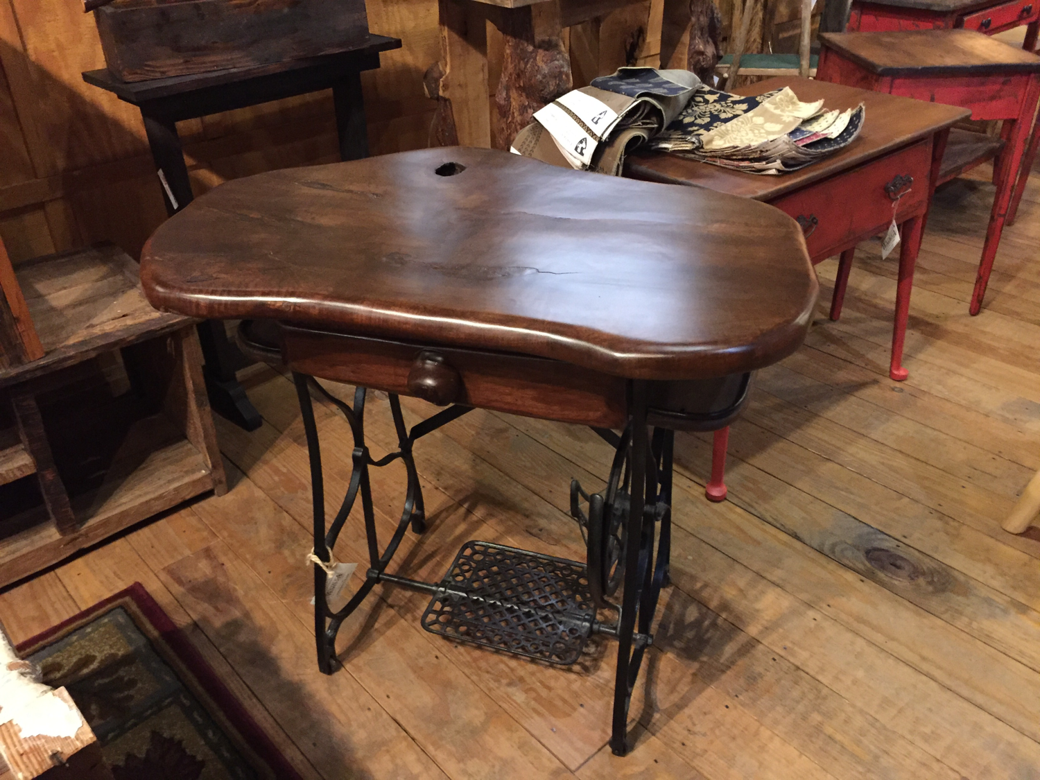 Maple Top Stained Desk with Antique Sowing Machine Base