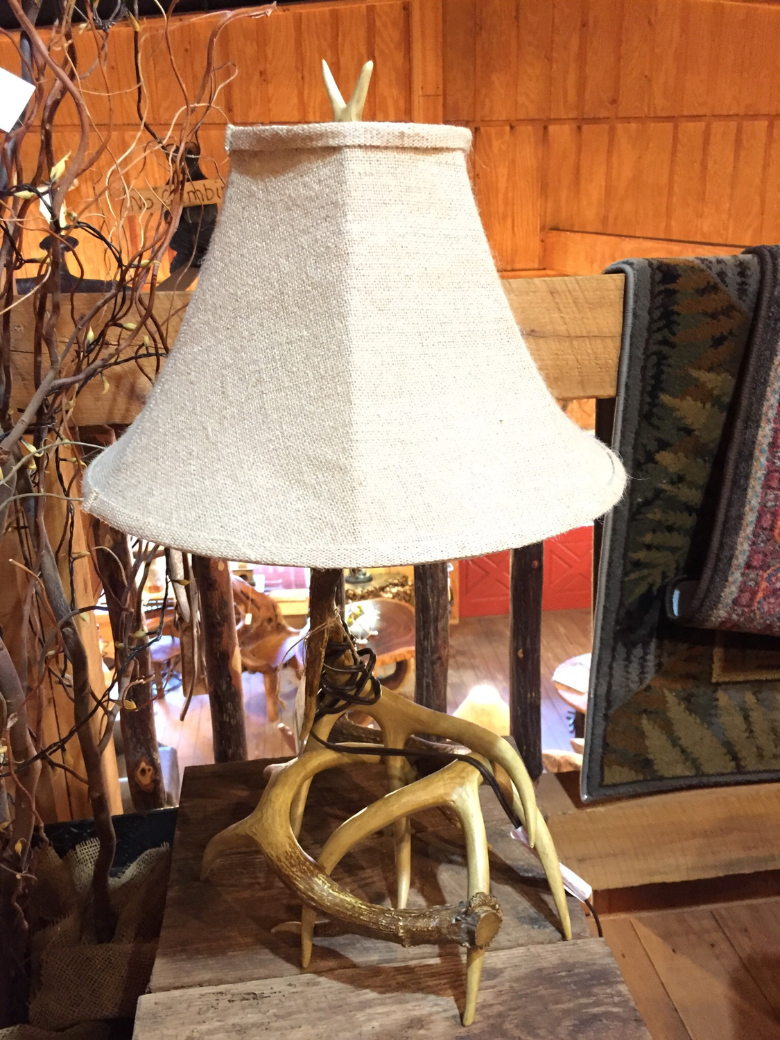Faux Antler Table Lamp with Burlap Shade