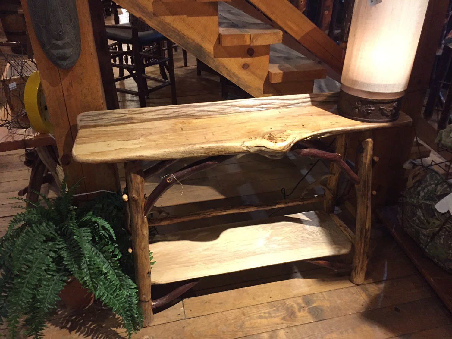 Sofa Table Pecan Slab with Locust and Laurel Base with Antler Decor