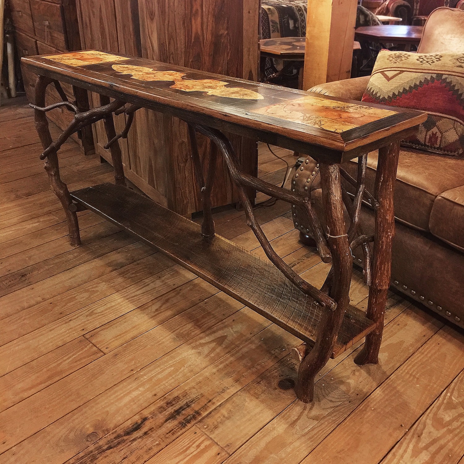 Inlaid Rustic Sofa Table with Shelf