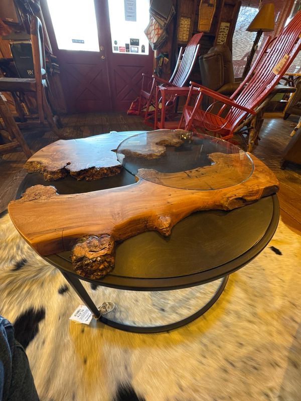 Maple Burl 39” Round Coffee Table W/metal Base
