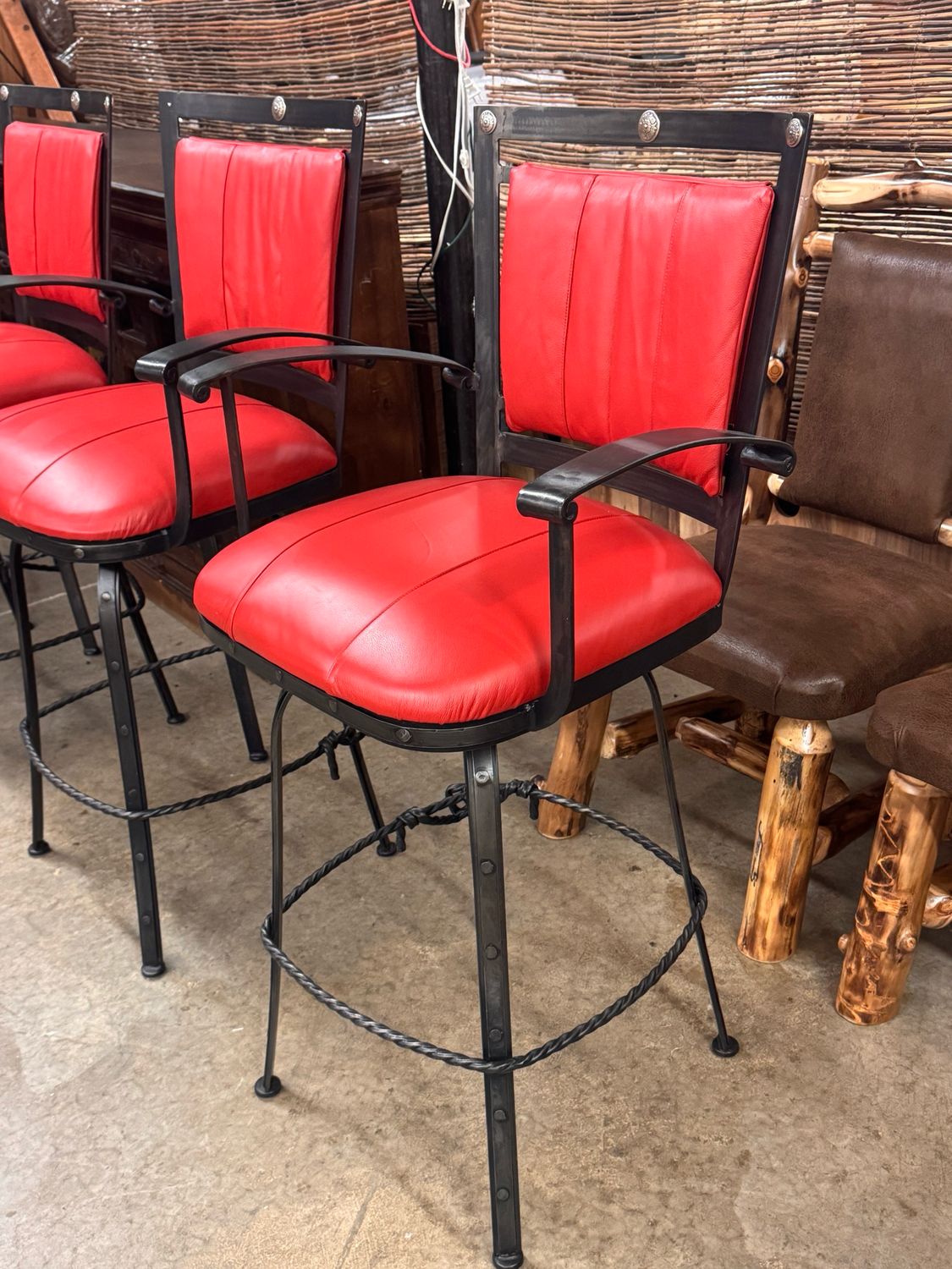 6 Red Leather Metal Swivel Bar Chairs