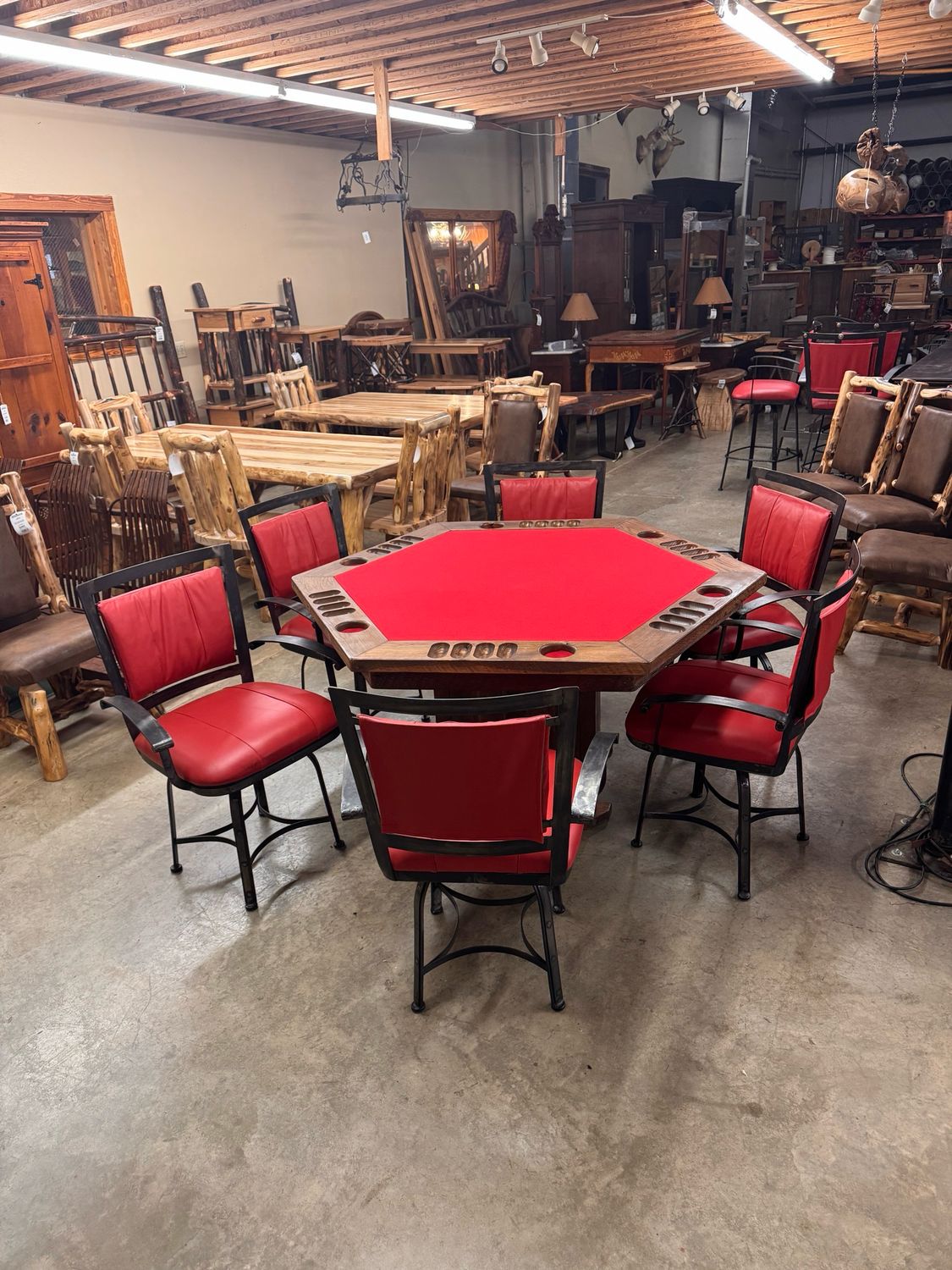 Game Table W/6 Red Leather Metal Chairs + Oak Top