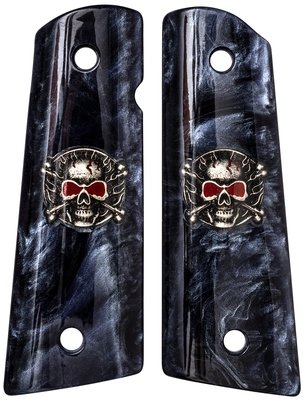 1911 Full Sized Black Pearlite Coin Inlay Skull & Crossbones with red eyes and flat Magwell cut bottom