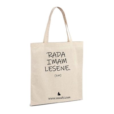 nakupovalna vrečka Woodsi, z zabavnim napisom.