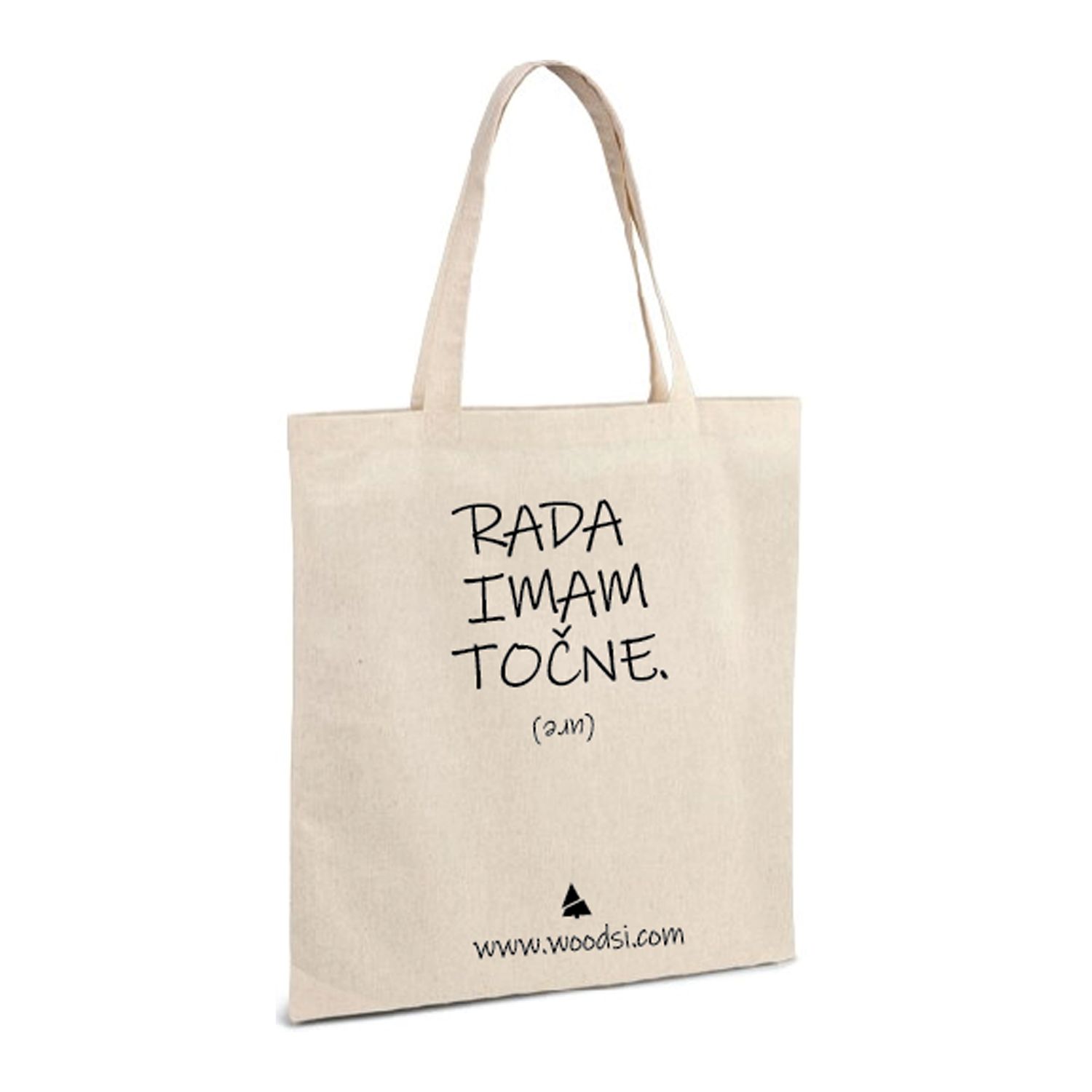 nakupovalna vrečka Woodsi, z zabavnim napisom.